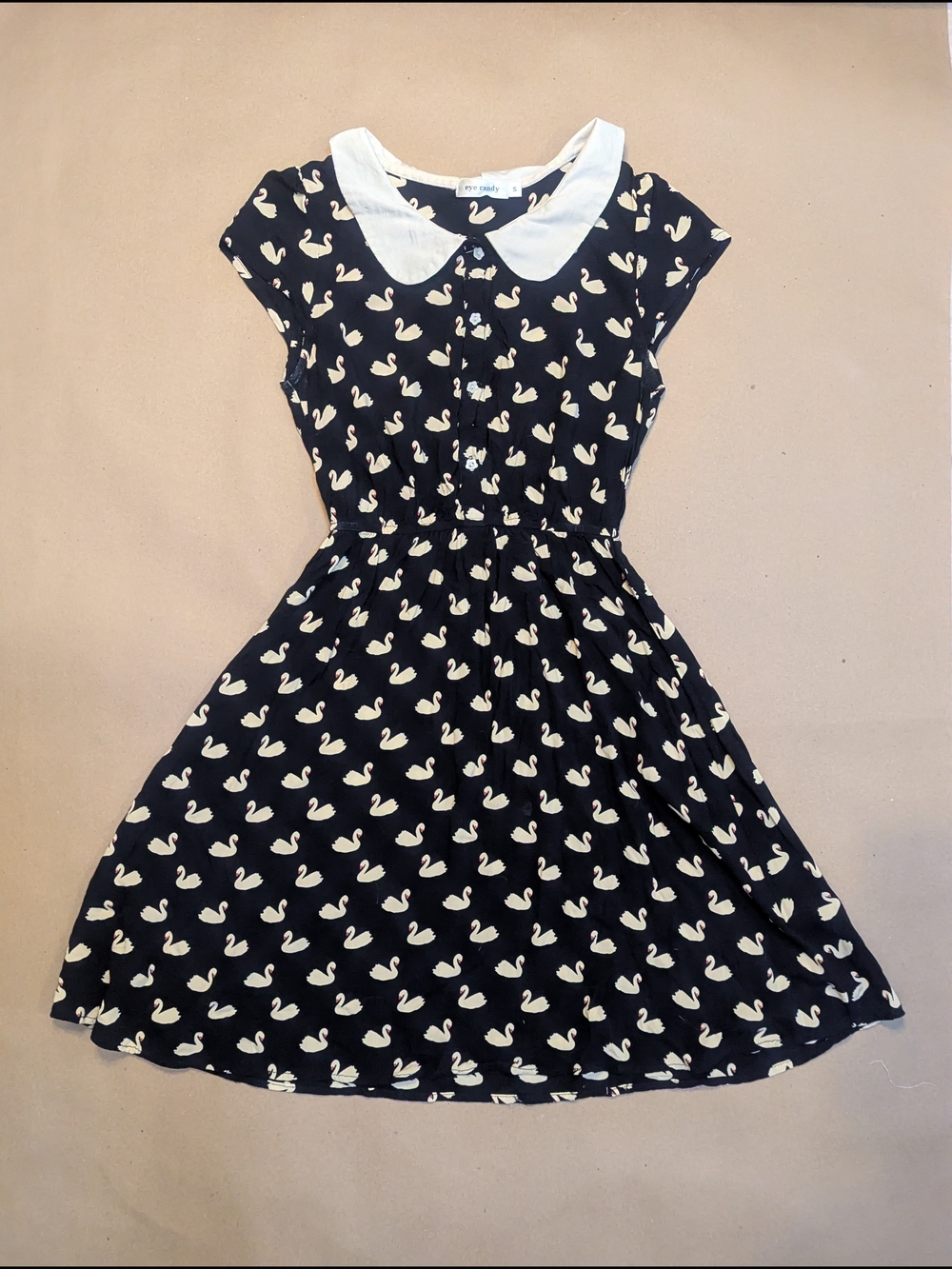 Black Dress with White Swan Print and Peter Pan Collar